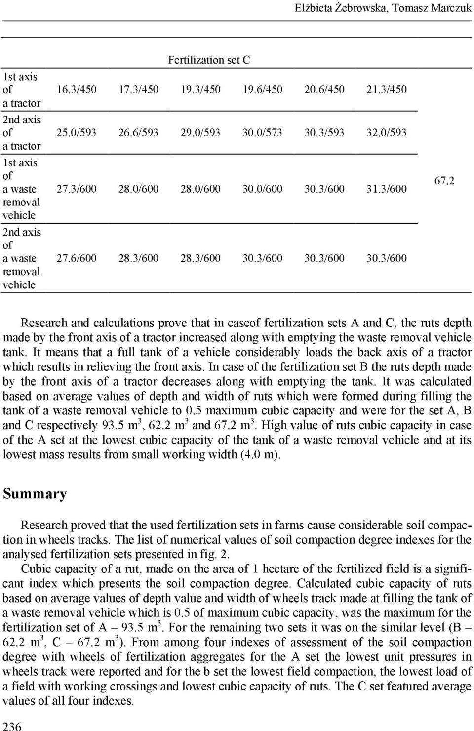 2 Research and calculations prove that in case fertilization sets A and C, the ruts depth made by the front axis increased along with emptying the waste tank.
