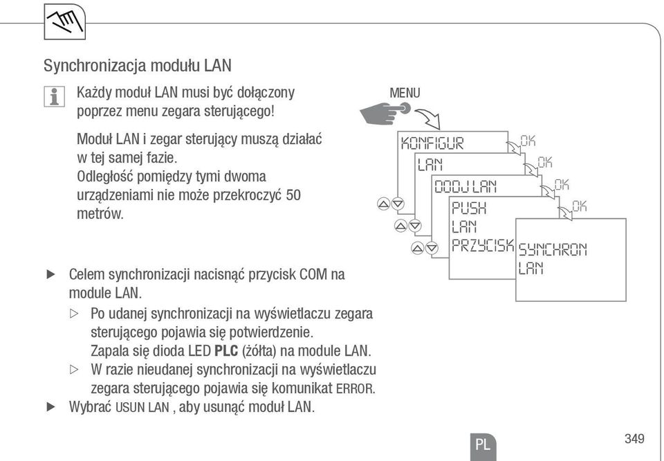 ZZPo udanej synchronizacji na wyświetlaczu zegara sterującego pojawia się potwierdzenie. Zapala się dioda LD PLC (żółta) na module LAN.