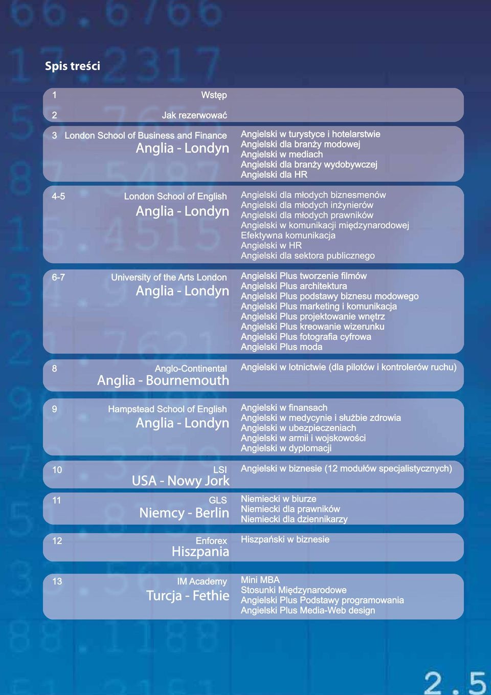 English Anglia - Londyn LSI USA - Nowy Jork GLS Niemcy - Berlin Enforex Hiszpania Angielski dla młodych biznesmenów Angielski dla młodych inżynierów Angielski dla młodych prawników Angielski w