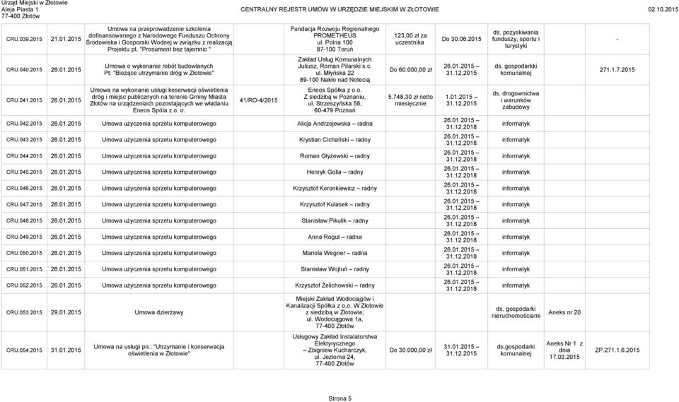 c. 26.01.2015 ds. gospodarkki Do 60.000,00 zł Pt: "Bieżące utrzymanie dróg w Złotowie" ul. Młyńska 22 komunalnej 271.1.7.2015 89-100 Nakło nad Notecią Umowa na wykonanie usługi koserwacji oświetlenia CRU.