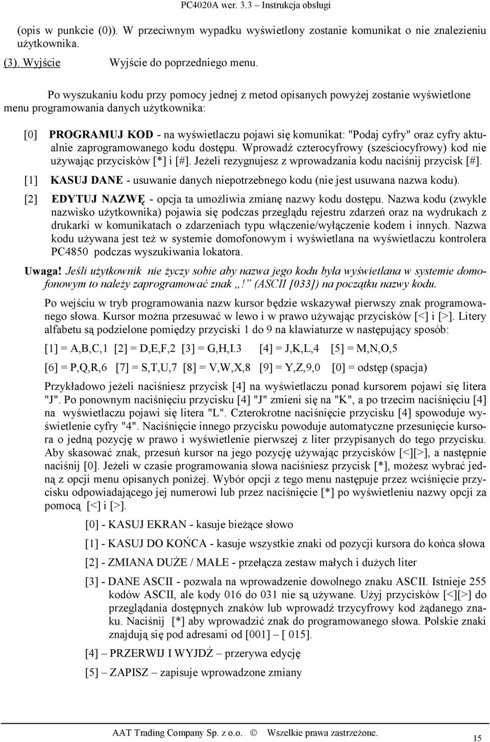 oraz cyfry aktualnie zaprogramowanego kodu dostępu. Wprowadź czterocyfrowy (sześciocyfrowy) kod nie używając przycisków [*] i [#]. Jeżeli rezygnujesz z wprowadzania kodu naciśnij przycisk [#].