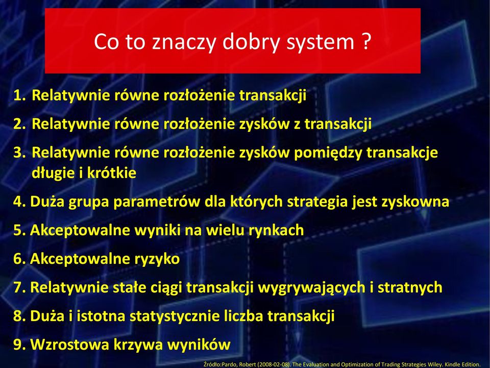 Relatywnie równe rozłożenie zysków pomiędzy transakcje długie i krótkie 4. Duża grupa parametrów dla których strategia jest zyskowna 5.