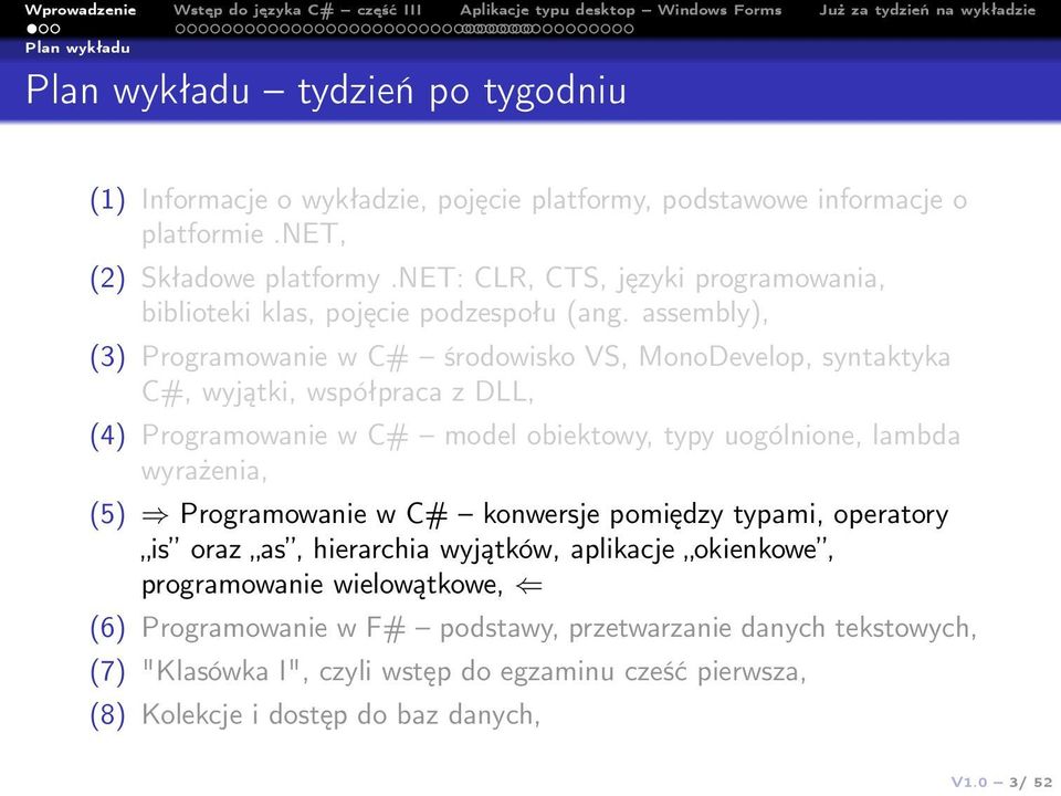 assembly), (3) Programowanie w C# środowisko VS, MonoDevelop, syntaktyka C#, wyjątki, współpraca z DLL, (4) Programowanie w C# model obiektowy, typy uogólnione, lambda wyrażenia,