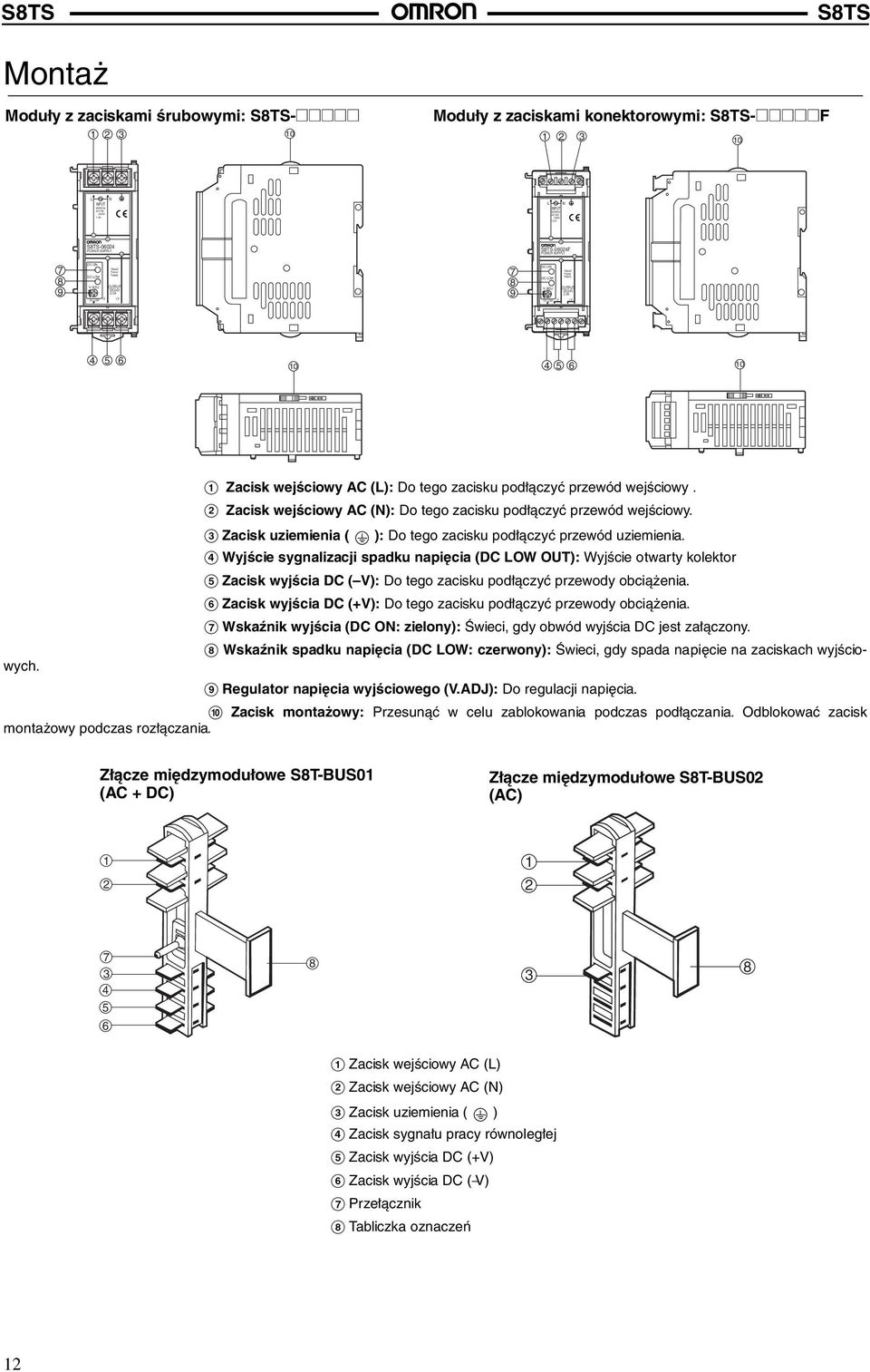 ADJ -V OUTPUT DC24V 2.5A +V 7 8 9-06024F POWER SUPPLY DC ON DC LOW V.ADJ -V OUTPUT DC24V 2.5A +V 4 5 6 10 4 5 6 10 H Wskaźnik spadku napięcia (DC LOW: czerwony): Świeci, gdy spada napięcie na zaciskach wyjściowych.