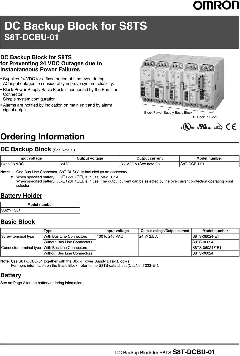 Simple system configuration Alarms are notified by indication on main unit and by alarm signal output. Block Power Supply Basic Block DC Backup Block Ordering Information DC Backup Block (See Note 1.