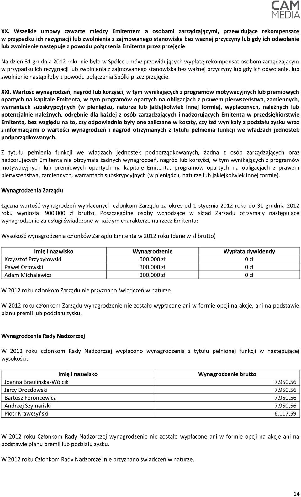 przypadku ich rezygnacji lub zwolnienia z zajmowanego stanowiska bez ważnej przyczyny lub gdy ich odwołanie, lub zwolnienie nastąpiłoby z powodu połączenia Spółki przez przejęcie. XXI.