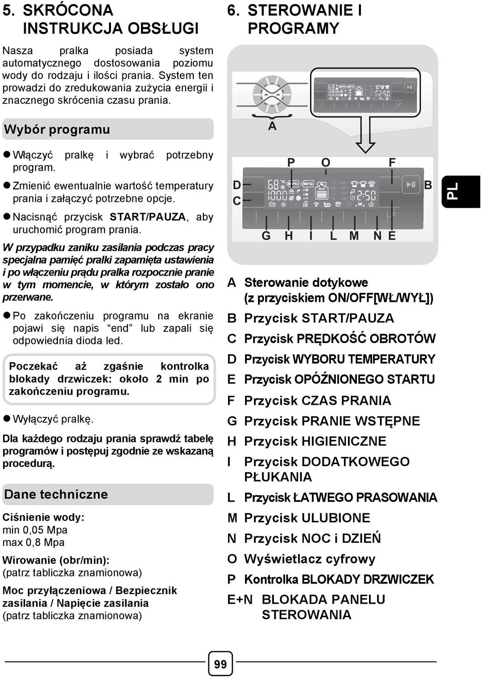 l Zmienić ewentualnie wartość temperatury prania i załączyć potrzebne opcje. l Nacisnąć przycisk START/PAUZA, aby uruchomić program prania.