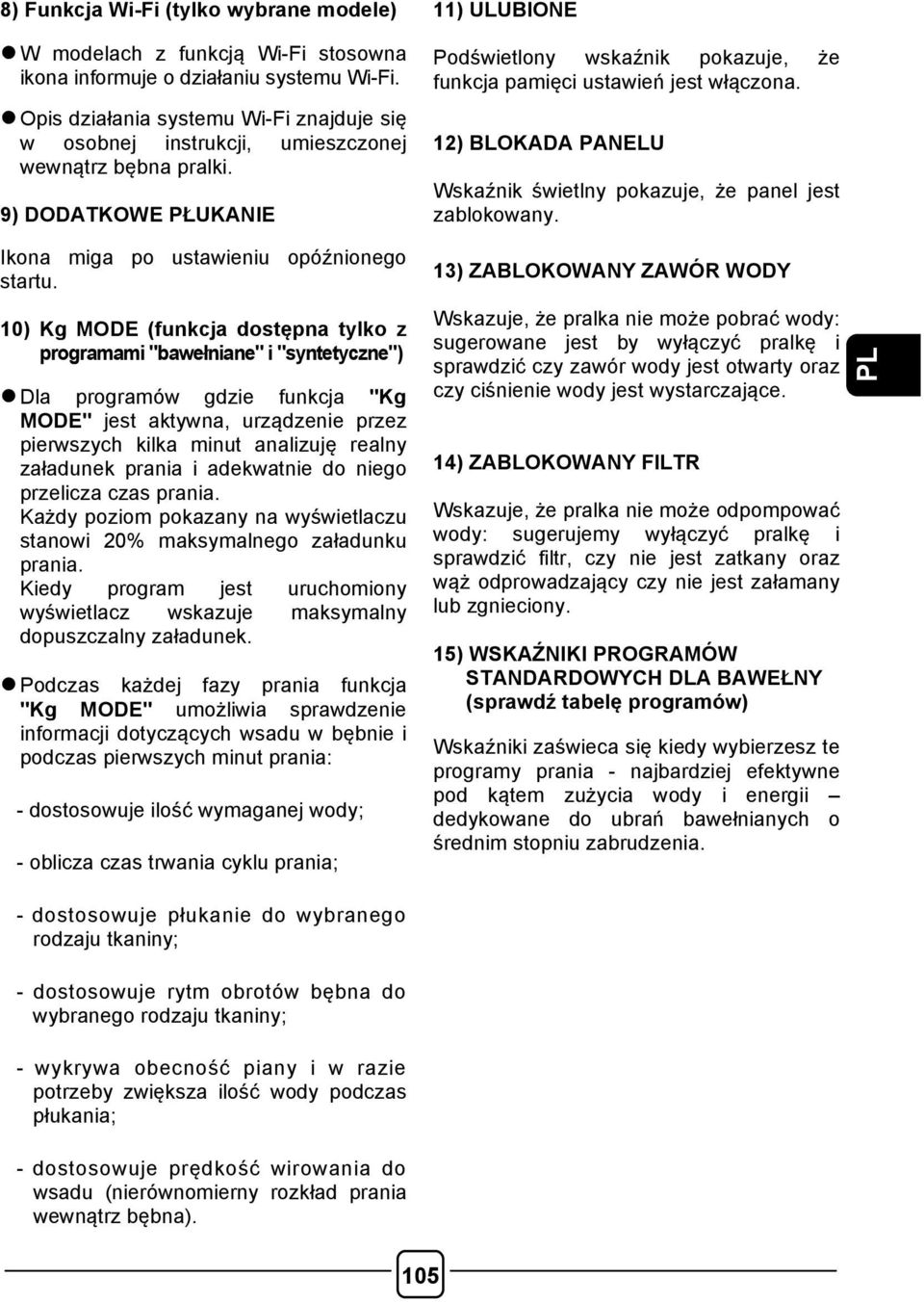 9) DODATKOWE PŁUKANIE 11) ULUBIONE Podświetlony wskaźnik pokazuje, że funkcja pamięci ustawień jest włączona. 12) BLOKADA PANELU Wskaźnik świetlny pokazuje, że panel jest zablokowany.