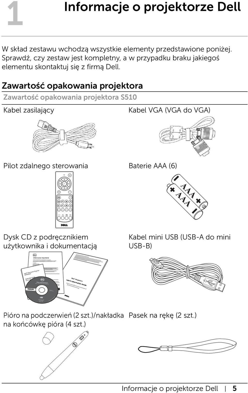 projektorze Dell W skład zestawu wchodzą wszystkie elementy przedstawione poniżej. Sprawdź, czy zestaw jest kompletny, a w przypadku braku jakiegoś elementu skontaktuj się z firmą Dell.