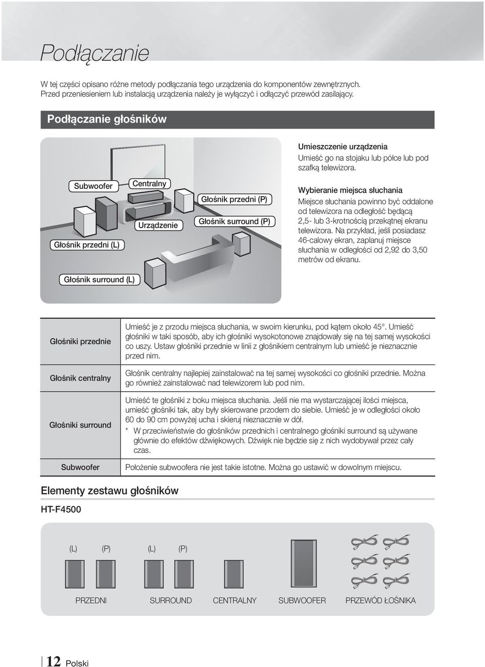 Subwoofer Głośnik przedni (L) Centralny Urządzenie Głośnik przedni (P) Głośnik surround (P) Wybieranie miejsca słuchania Miejsce słuchania powinno być oddalone od telewizora na odległość będącą 2,5-
