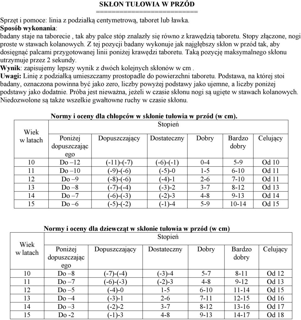 Z tej pozycji badany wykonuje jak najgłębszy skłon w przód tak, aby dosięgnąć palcami przygotowanej linii poniżej krawędzi taboretu. Taką pozycję maksymalnego skłonu utrzymuje przez 2 sekundy.