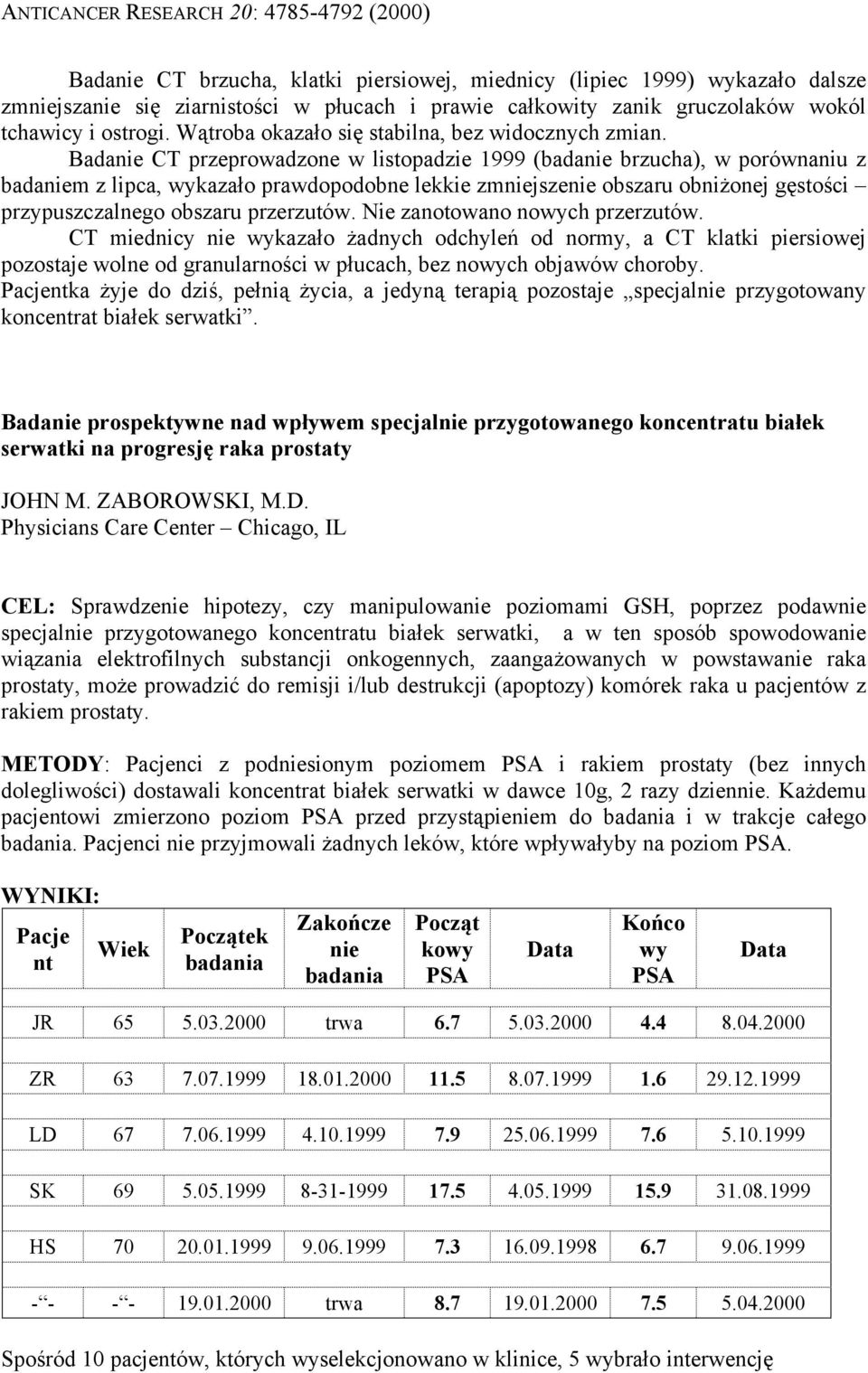 Badanie CT przeprowadzone w listopadzie 1999 (badanie brzucha), w porównaniu z badaniem z lipca, wykazało prawdopodobne lekkie zmniejszenie obszaru obniżonej gęstości przypuszczalnego obszaru