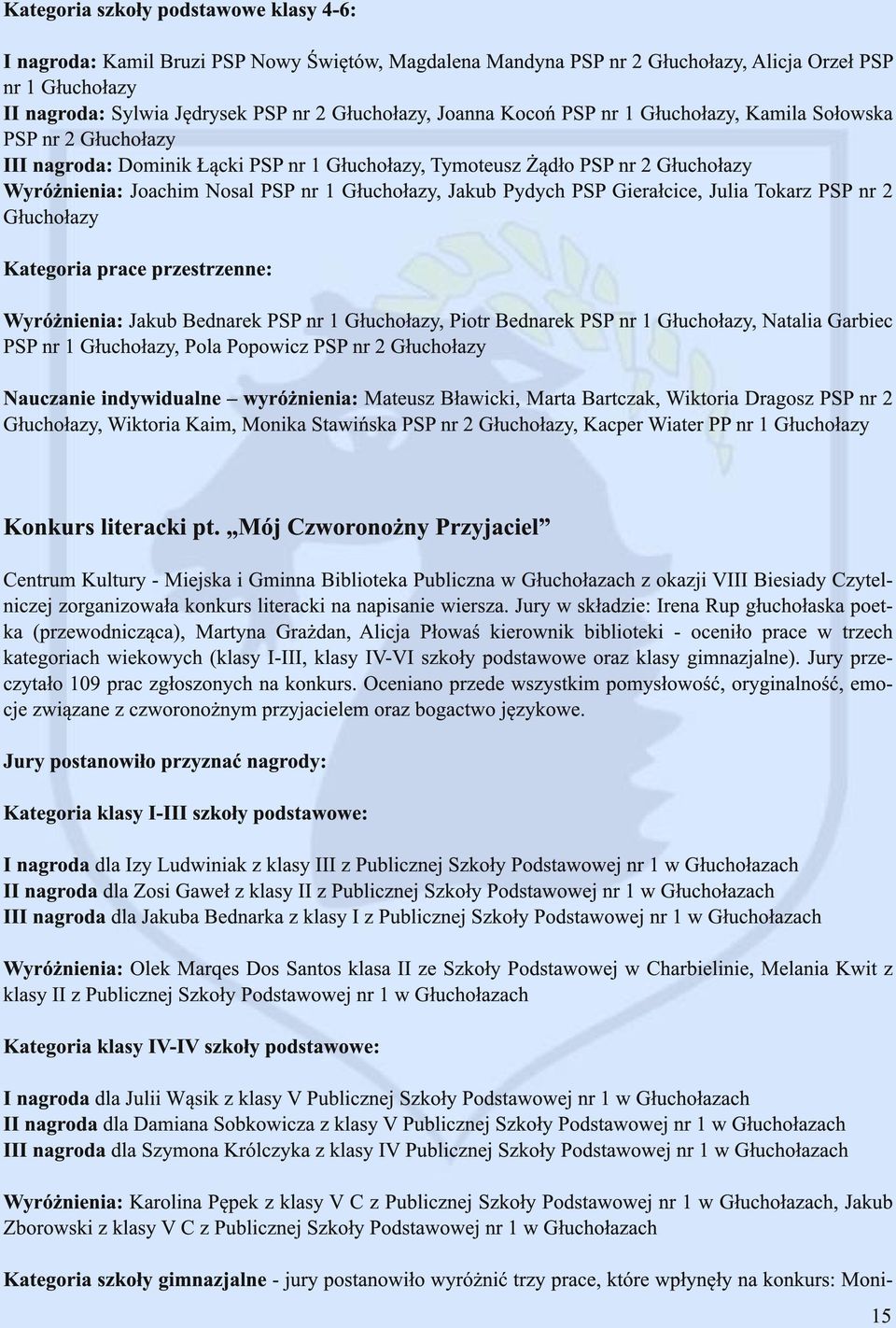 1 Głuchołazy, Jakub Pydych PSP Gierałcice, Julia Tokarz PSP nr 2 Głuchołazy Kategoria prace przestrzenne: Wyróżnienia: Jakub Bednarek PSP nr 1 Głuchołazy, Piotr Bednarek PSP nr 1 Głuchołazy, Natalia