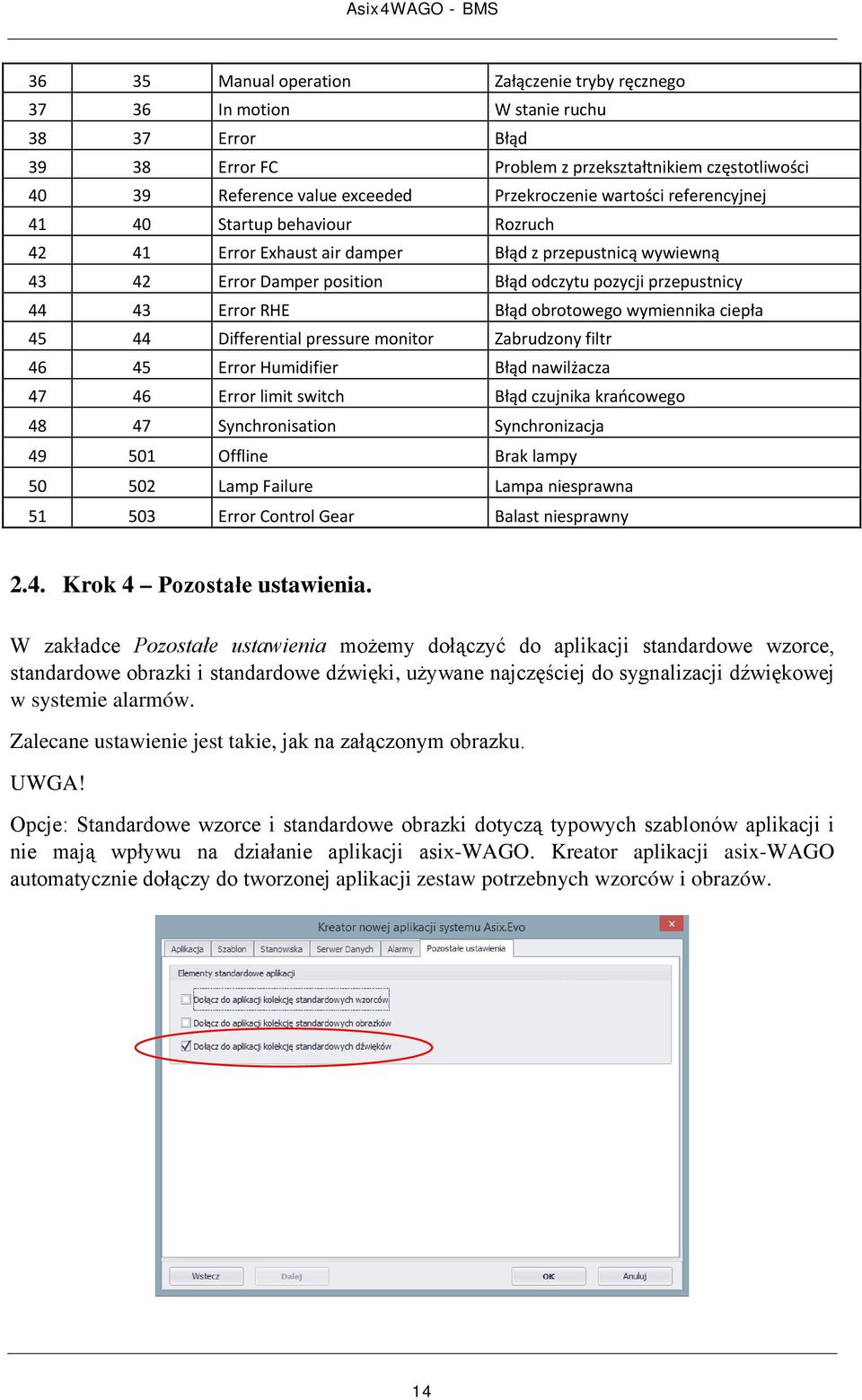 obrotowego wymiennika ciepła 45 44 Differential pressure monitor Zabrudzony filtr 46 45 Error Humidifier Błąd nawilżacza 47 46 Error limit switch Błąd czujnika krańcowego 48 47 Synchronisation