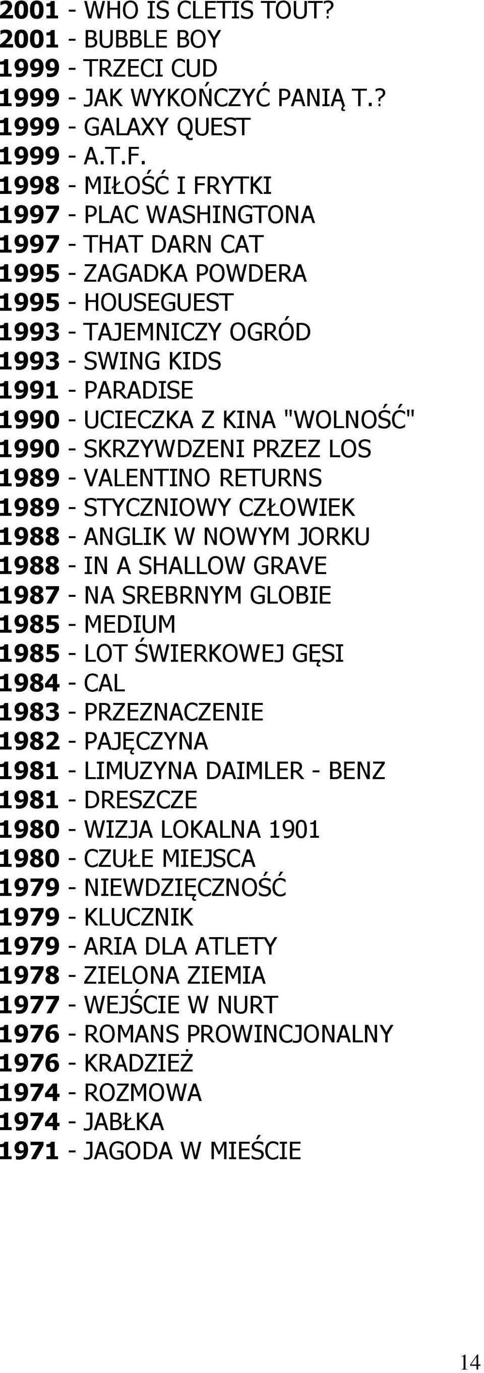 1990 - SKRZYWDZENI PRZEZ LOS 1989 - VALENTINO RETURNS 1989 - STYCZNIOWY CZŁOWIEK 1988 - ANGLIK W NOWYM JORKU 1988 - IN A SHALLOW GRAVE 1987 - NA SREBRNYM GLOBIE 1985 - MEDIUM 1985 - LOT ŚWIERKOWEJ