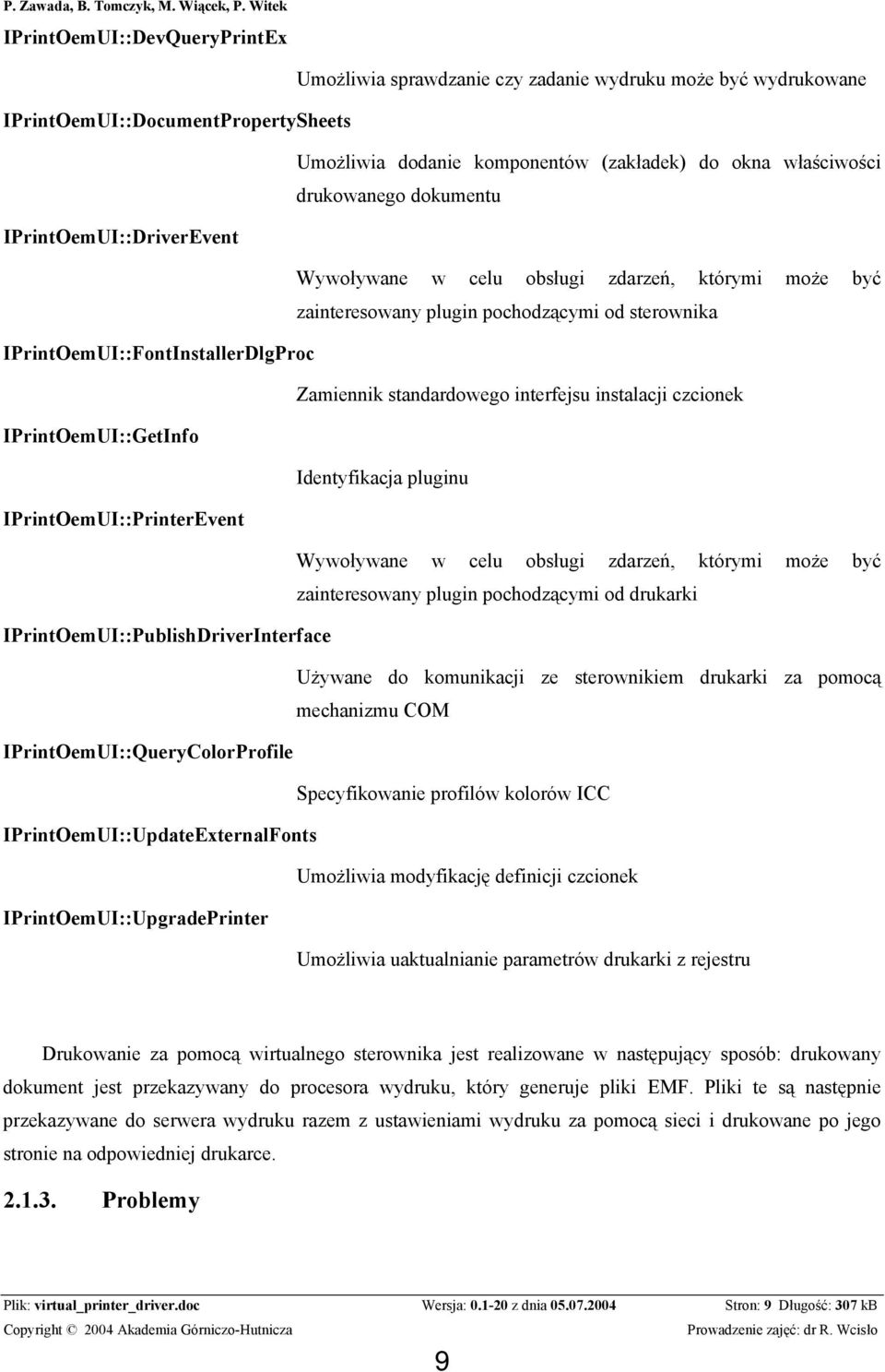 standardowego interfejsu instalacji czcionek IPrintOemUI::GetInfo Identyfikacja pluginu IPrintOemUI::PrinterEvent Wywoływane w celu obsługi zdarzeń, którymi może być zainteresowany plugin