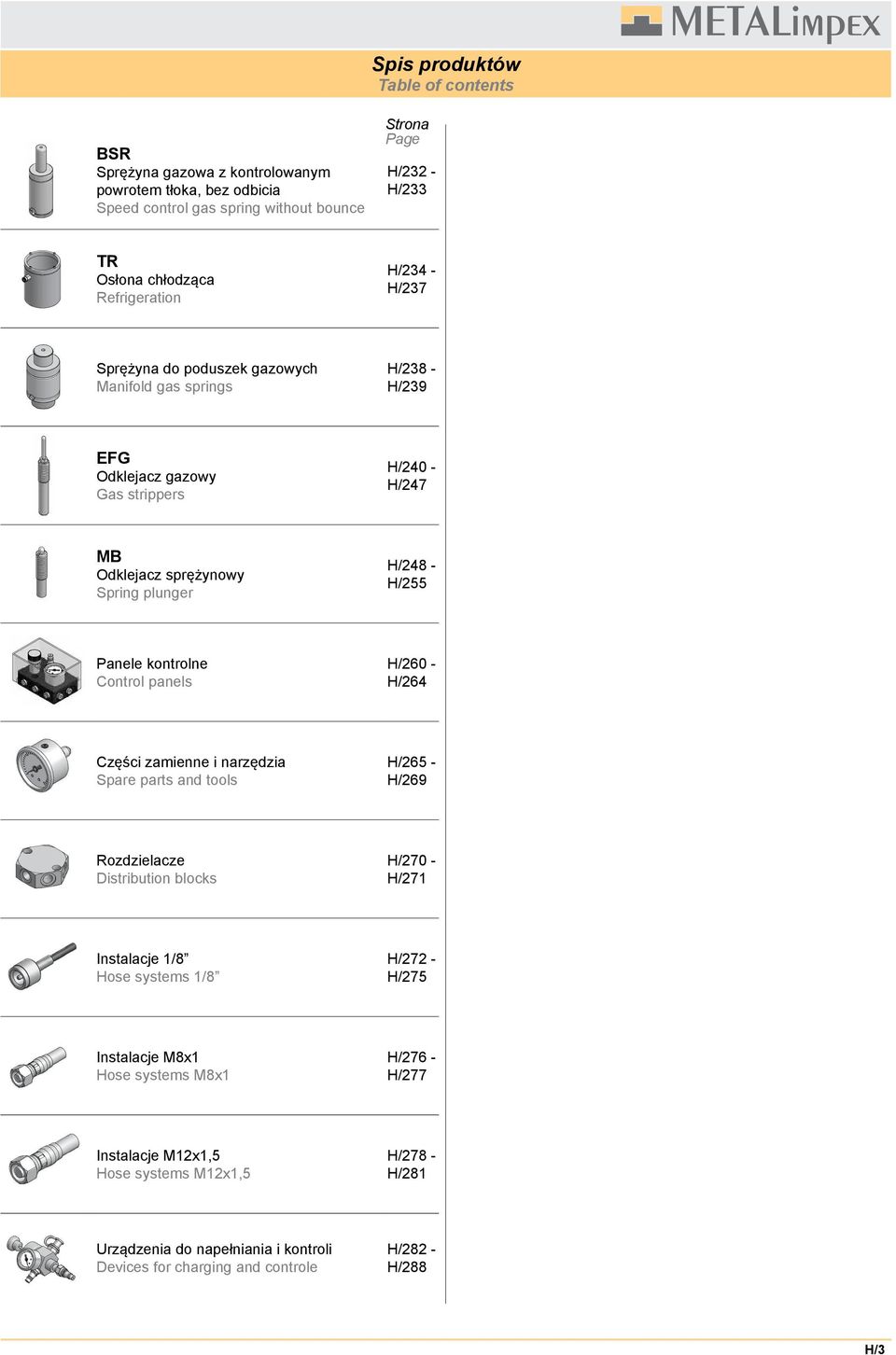 H/255 Panele kontrolne ontrol panels H/26 - H/264 zęści zamienne i narzędzia Spare parts and tools H/265 - H/269 Rozdzielacze Distribution blocks H/27 - H/271 Instalacje 1/8 Hose systems 1/8