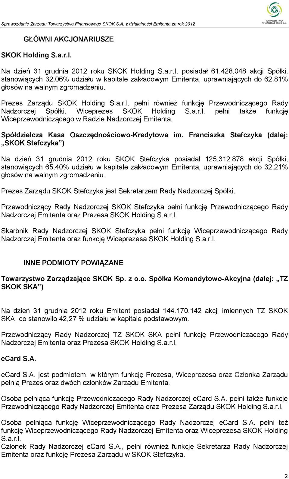 Wiceprezes SKOK Holding S.a.r.l. pełni także funkcję Wiceprzewodniczącego w Radzie Nadzorczej Emitenta. Spółdzielcza Kasa Oszczędnościowo-Kredytowa im.