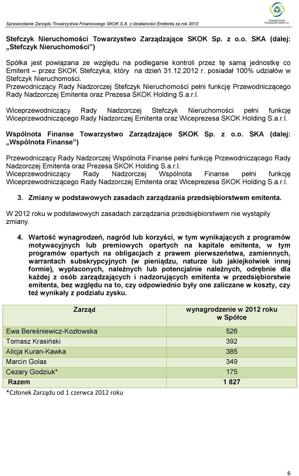 ing S.a.r.l. Wiceprzewodniczący Rady Nadzorczej Stefczyk Nieruchomości pełni funkcję Wiceprzewodniczącego Rady Nadzorczej Emitenta oraz Wiceprezesa SKOK Holding S.a.r.l. Wspólnota Finanse Towarzystwo Zarządzające SKOK Sp.