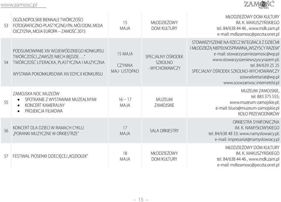 TWÓRCZOŚĆ LITERACKA, PLASTYCZNA I MUZYCZNA WYSTAWA POKONKURSOWA XIV EDYCJI KONKURSU 15 MAJA CZYNNA MAJ- LISTOPAD SPECJALNY OŚRODEK SZKOLNO - WYCHOWAWCZY STOWARZYSZENIE NA RZECZ INTEGRACJI Z DZIEĆMI I