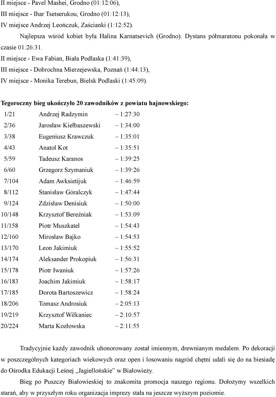 II miejsce - Ewa Fabian, Biała Podlaska (1:41:39), III miejsce - Dobrochna Mierzejewska, Poznań (1:44:13), IV miejsce - Monika Terebun, Bielsk Podlaski (1:45:09).