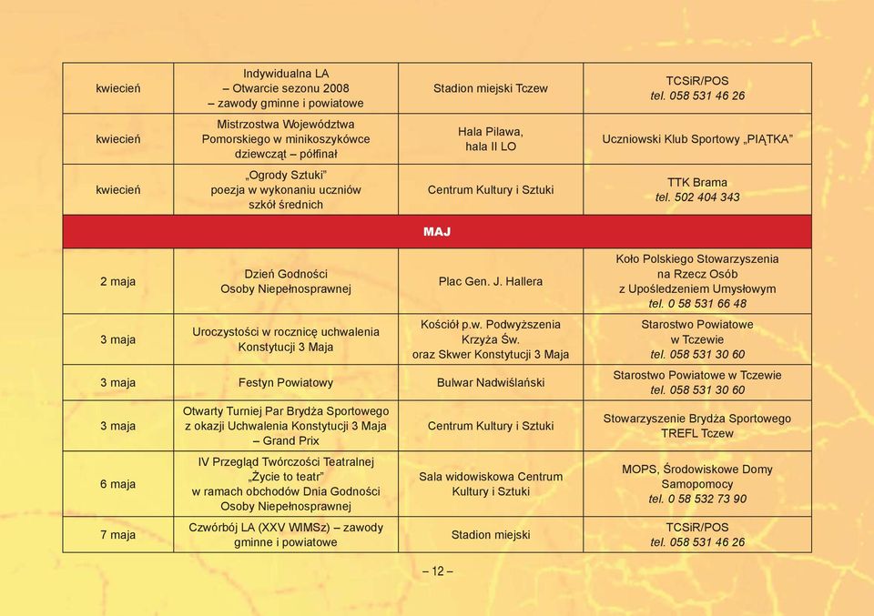 502 404 343 MAJ 2 maja 3 maja Dzień Godności Osoby Niepełnosprawnej Uroczystości w rocznicę uchwalenia Konstytucji 3 Maja Plac Gen. J. Hallera Kościół p.w. Podwyższenia Krzyża Św.