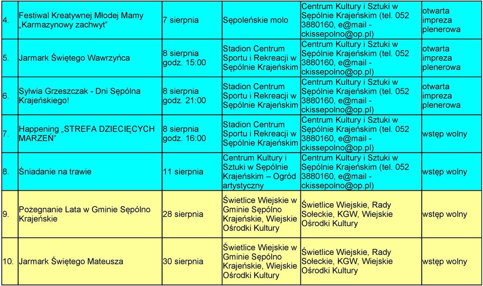 Stadion Centrum otwarta Sylwia Grzeszczak - Dni Sępólna 8 sierpnia Sportu i Rekreacji w Krajeńskiego! godz. 21:00 Sępólnie plenerowa 7.