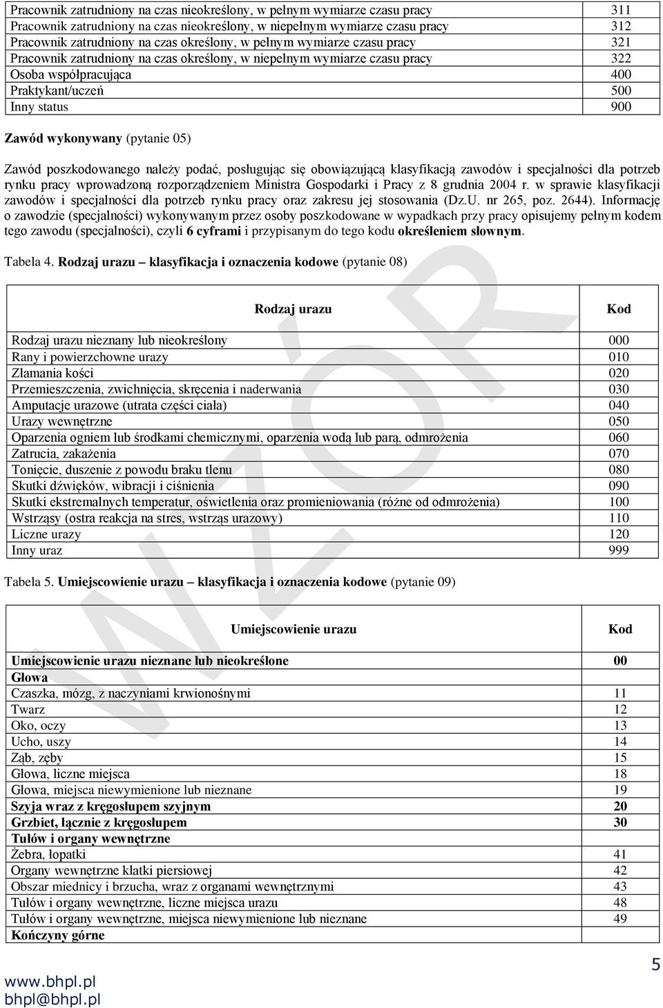 05) Zawód poszkodowanego należy podać, posługując się obowiązującą klasyfikacją zawodów i specjalności dla potrzeb rynku pracy wprowadzoną rozporządzeniem Ministra Gospodarki i Pracy z 8 grudnia 2004