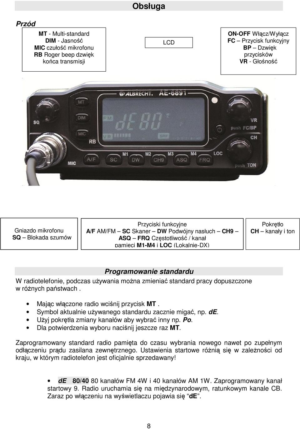 Programowanie standardu W radiotelefonie, podczas używania można zmieniać standard pracy dopuszczone w różnych państwach. Mając włączone radio wciśnij przycisk MT.