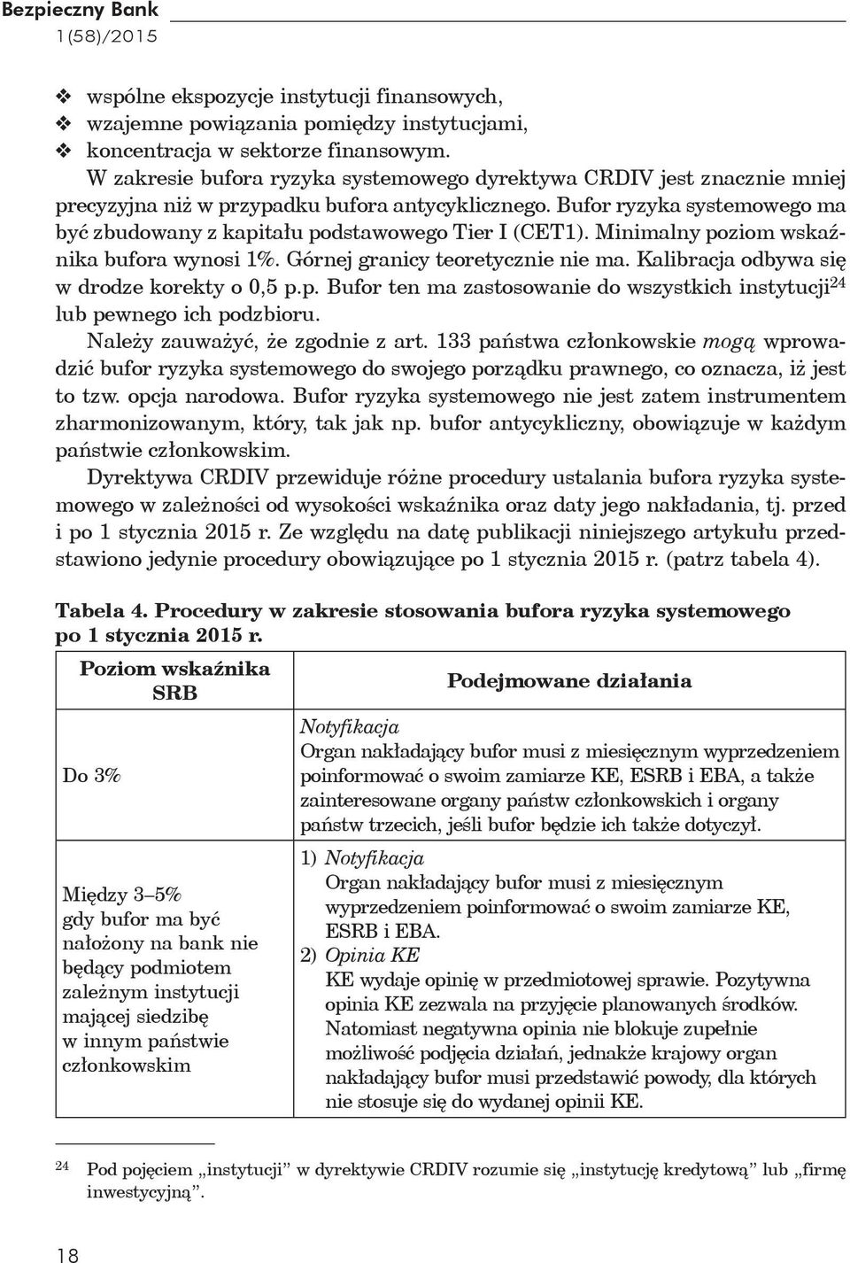 Bufor ryzyka systemowego ma być zbudowany z kapitału podstawowego Tier I (CET1). Minimalny poziom wskaźnika bufora wynosi 1%. Górnej granicy teoretycznie nie ma.