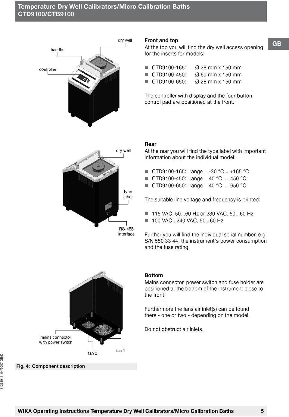 Rear At the rear you will find the type label with important information about the individual model: CTD9100-165: range -30 C...+165 C CTD9100-450: range 40 C... 450 C CTD9100-650: range 40 C.