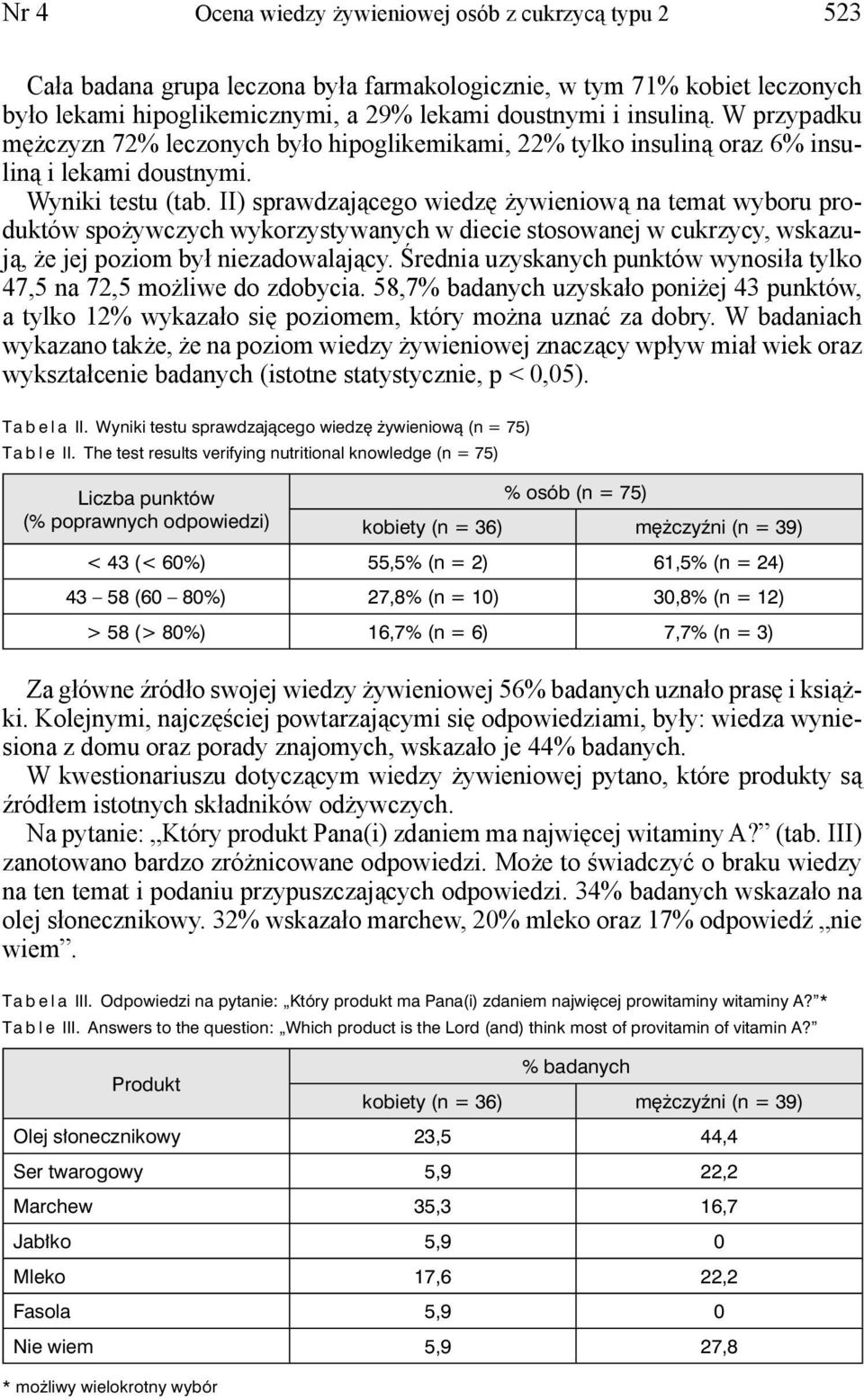 II) sprawdzającego wiedzę żywieniową na temat wyboru produktów spożywczych wykorzystywanych w diecie stosowanej w cukrzycy, wskazują, że jej poziom był niezadowalający.