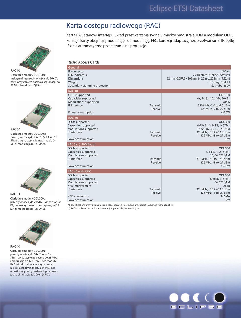RAC 10 Obsługuje moduły ODU100 z maksymalną przepływnością do 20x E1, z wykorzystaniem pasma o szerokości do 28 MHz i modulacji QPSK.