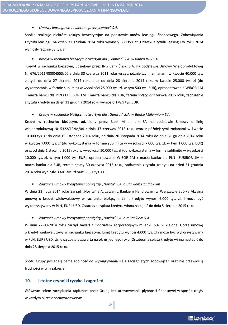 A. w Banku ING S.A. Kredyt w rachunku bieżącym, udzielony przez ING Bank Śląski S.A. na podstawie Umowy Wieloproduktowej Nr 676/2011/00004553/00 z dnia 30 czerwca 2011 roku wraz z późniejszymi zmianami w kwocie 40.