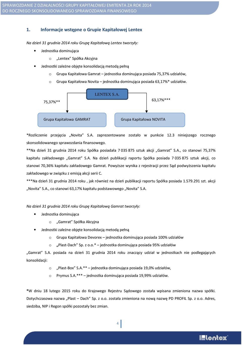 63,17%*** Grupa Kapitałowa GAMRAT Grupa Kapitałowa NOVITA *Rozliczenie przejęcia Novita S.A. zaprezentowane zostało w punkcie 12.3 niniejszego rocznego skonsolidowanego sprawozdania finansowego.