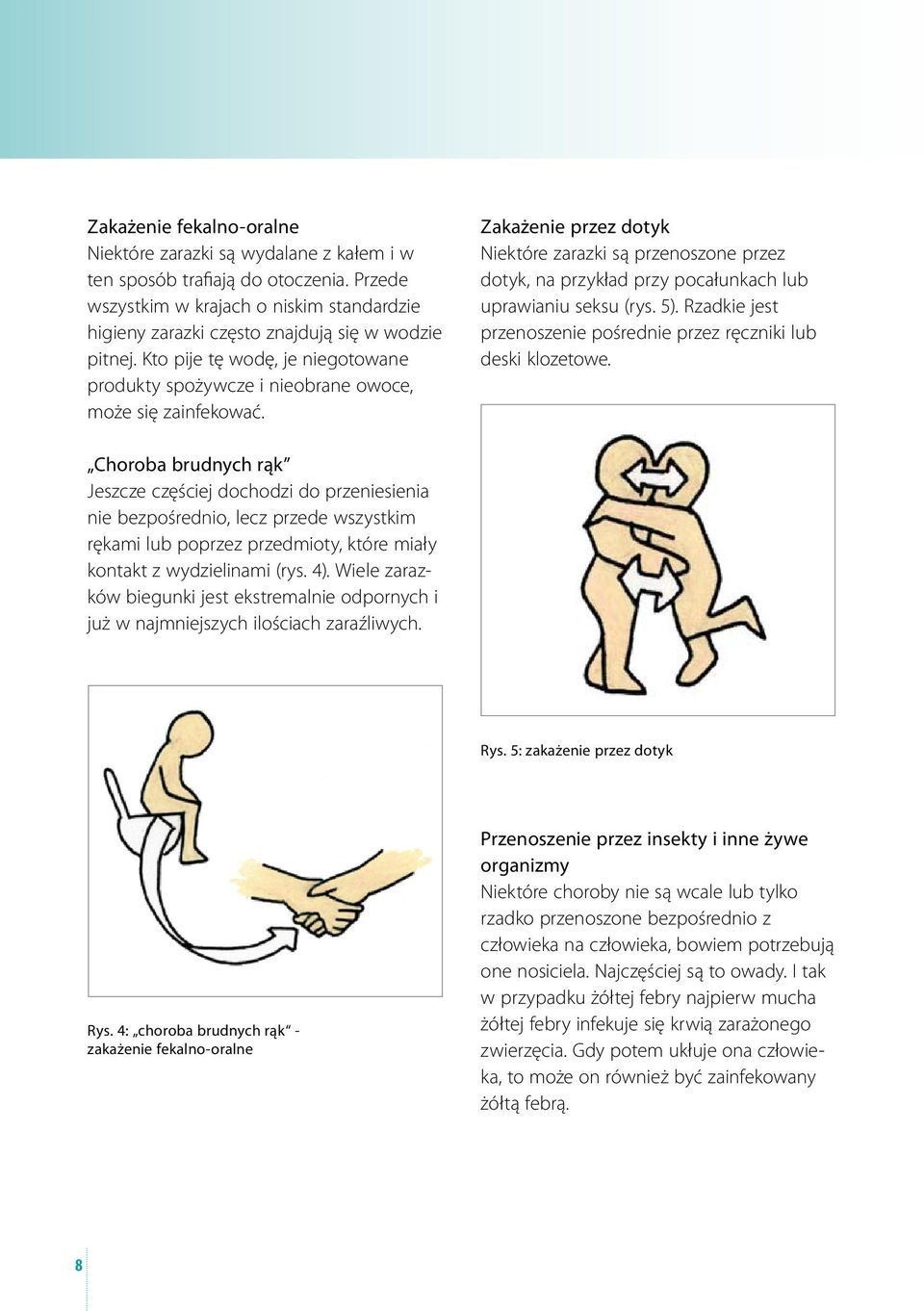 Zakażenie przez dotyk Niektóre zarazki są przenoszone przez dotyk, na przykład przy pocałunkach lub uprawianiu seksu (rys. 5). Rzadkie jest przenoszenie pośrednie przez ręczniki lub deski klozetowe.