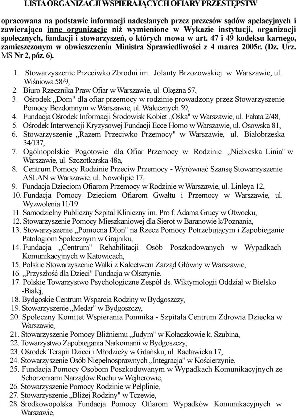 Stowarzyszenie Przeciwko Zbrodni im. Jolanty Brzozowskiej w Warszawie, ul. Wiśniowa 58/9, 2. Biuro Rzecznika Praw Ofiar w Warszawie, ul. Okężna 57, 3.