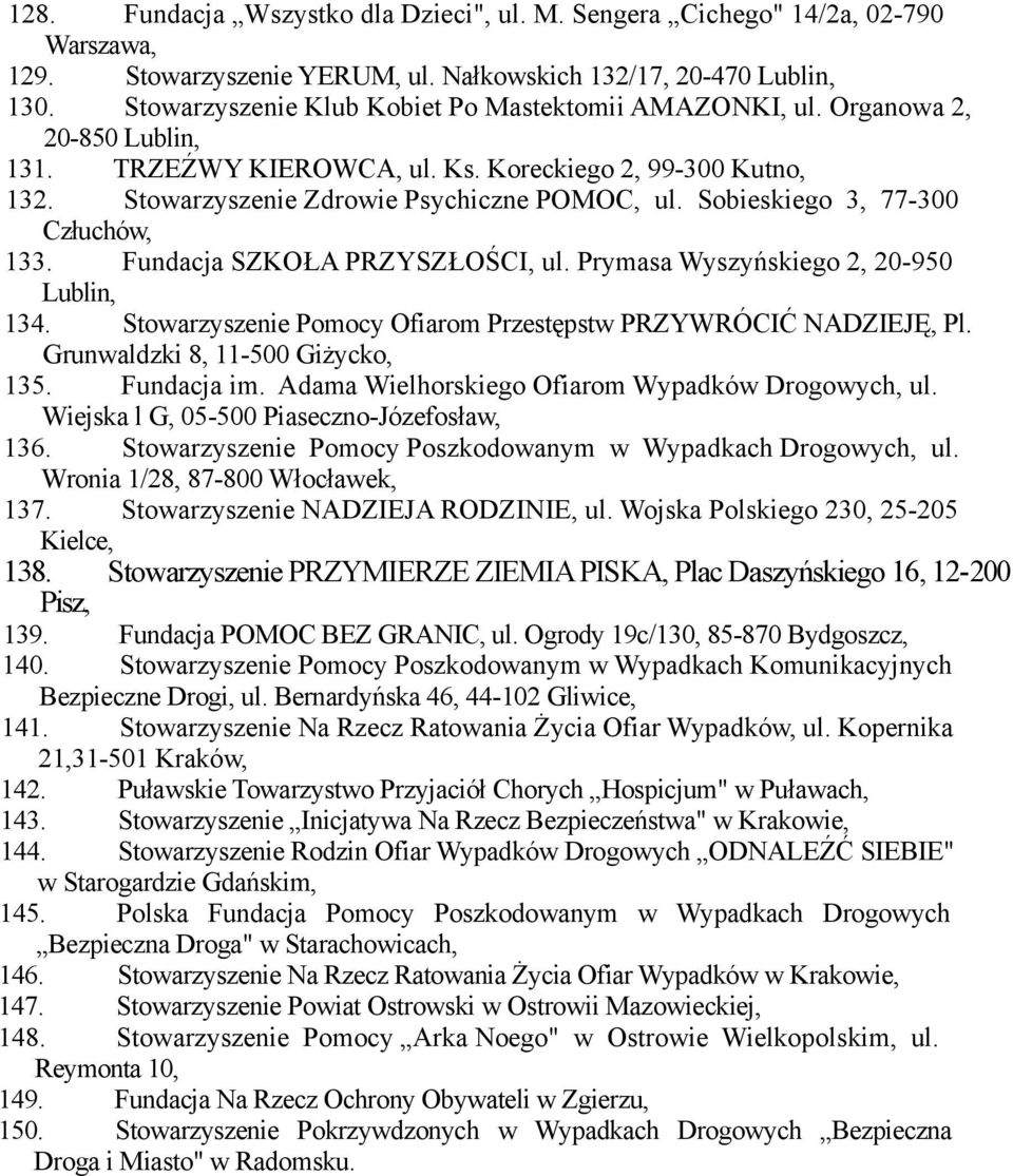 Sobieskiego 3, 77-300 Człuchów, 133. Fundacja SZKOŁA PRZYSZŁOŚCI, ul. Prymasa Wyszyńskiego 2, 20-950 Lublin, 134. Stowarzyszenie Pomocy Ofiarom Przestępstw PRZYWRÓCIĆ NADZIEJĘ, Pl.