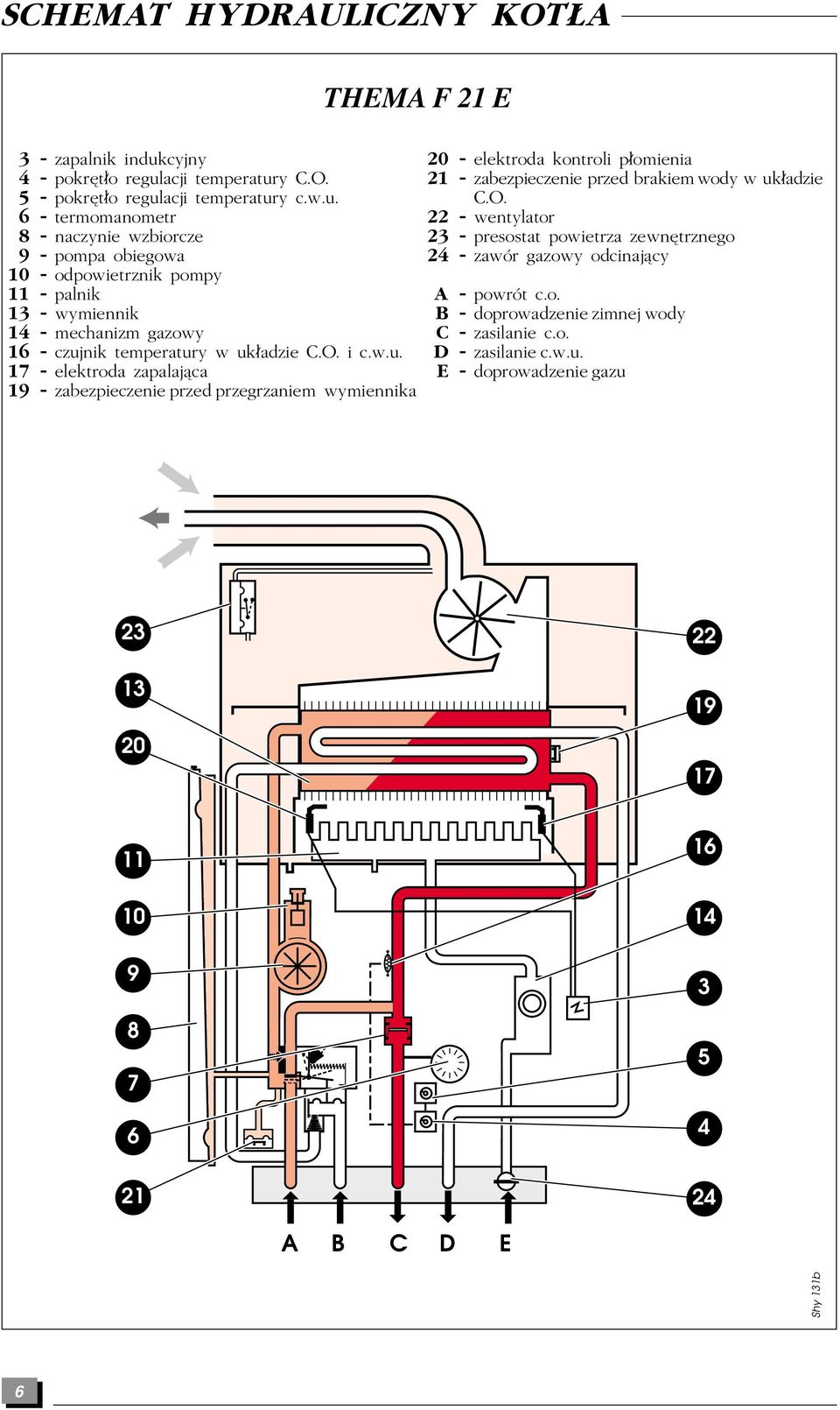 acji temperatury C.O. 5 - pokr t o regulacji temperatury c.w.u. 6 - termomanometr 8 - naczynie wzbiorcze 9 - pompa obiegowa 10 - odpowietrznik pompy 11 - palnik 13 - wymiennik 14 - mechanizm gazowy 16 - czujnik temperatury w uk adzie C.