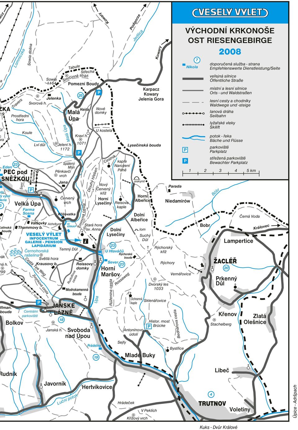 Portášky Velká Úpa Farma Sosna Cesta Tee Weg Lanovka Č. hora Zvonková cesta Malá Úpa Jelení h. 1172 Spálený Mlýn Pěnkavčí vrch Janská h.