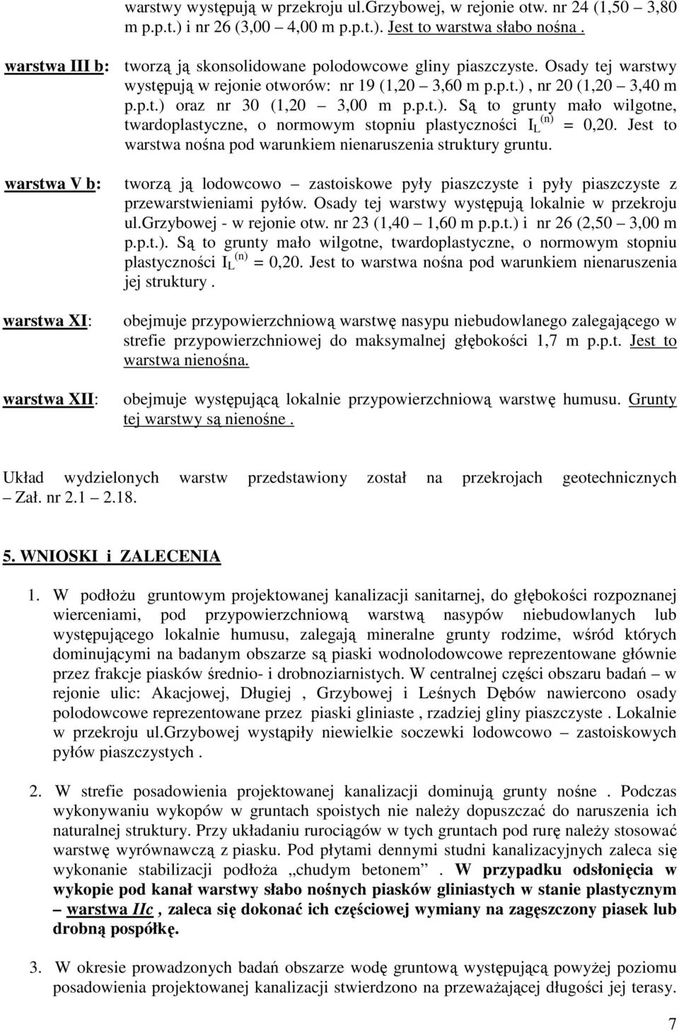 p.t.). Są to grunty mało wilgotne, twardoplastyczne, o normowym stopniu plastyczności I L = 0,20. Jest to warstwa nośna pod warunkiem nienaruszenia struktury gruntu.