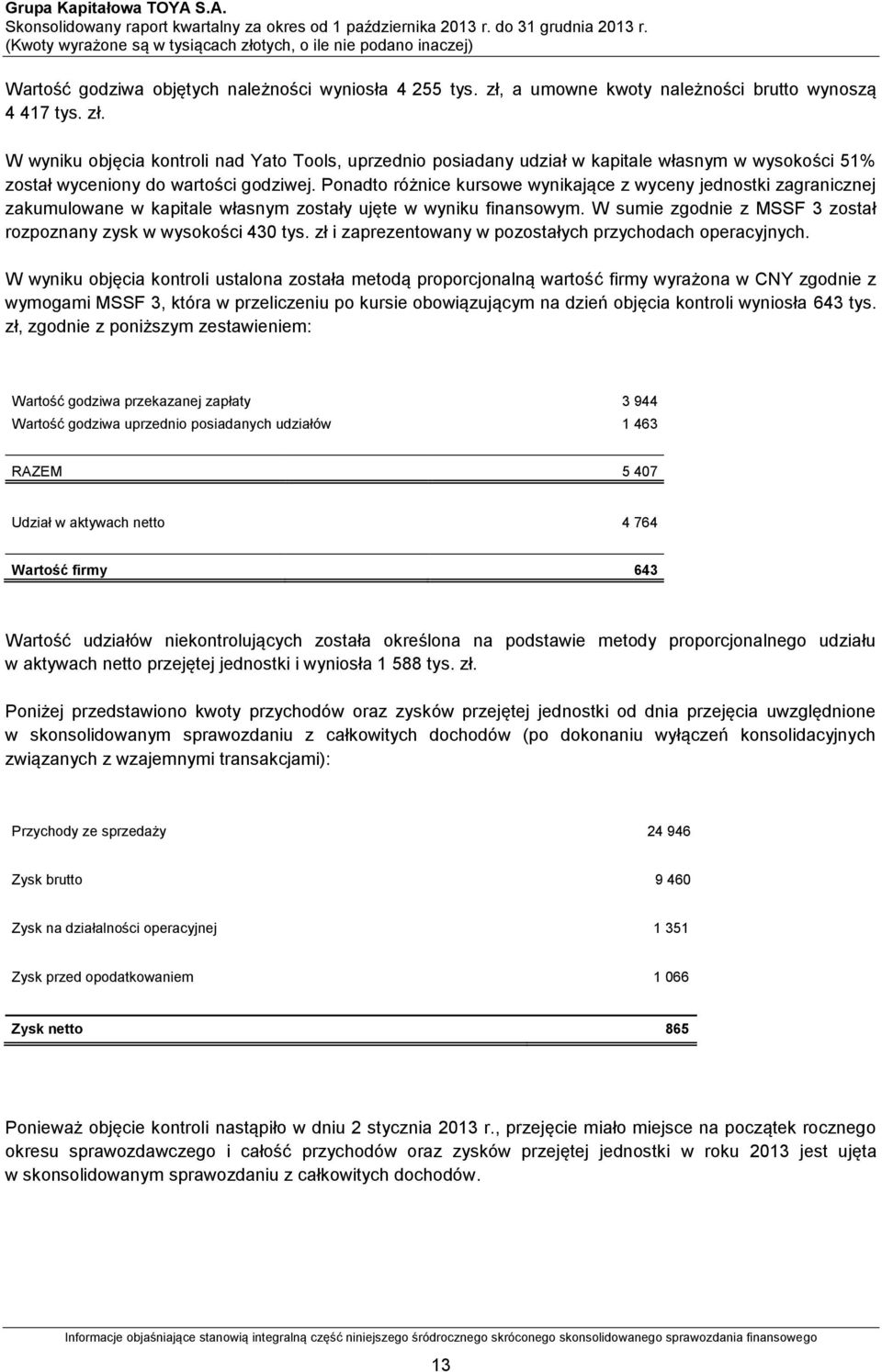 Ponadto różnice kursowe wynikające z wyceny jednostki zagranicznej zakumulowane w kapitale własnym zostały ujęte w wyniku finansowym.