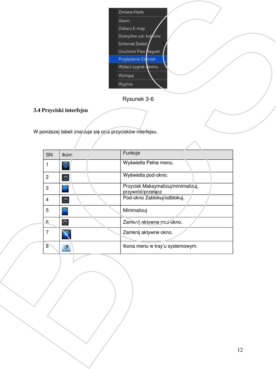 SN Ikony Funkcje 1 Wyświetla Pełne menu. 2 Wyświetla pod-okno.