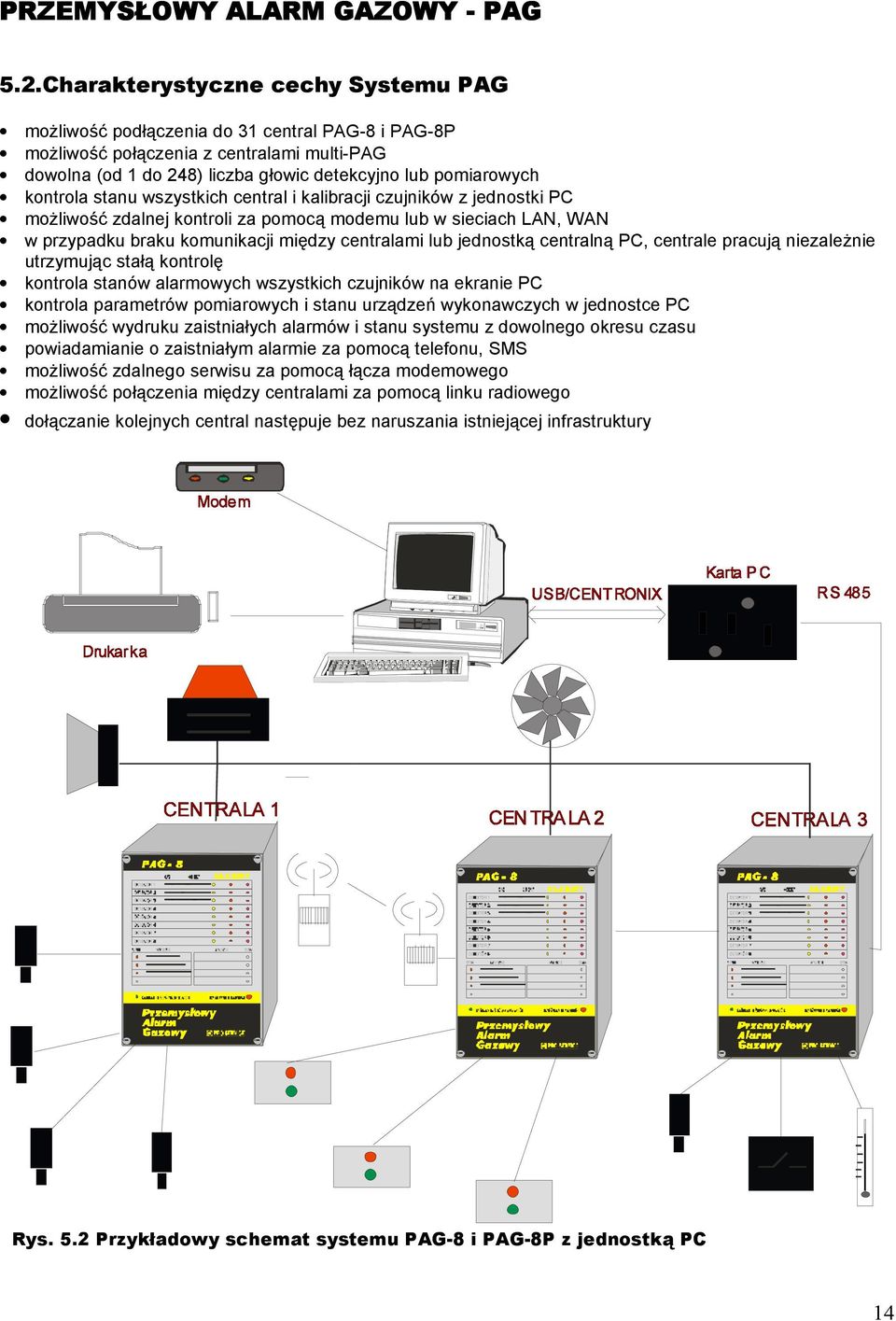 jednostką centralną PC, centrale pracują niezależnie utrzymując stałą kontrolę kontrola stanów alarmowych wszystkich czujników na ekranie PC kontrola parametrów pomiarowych i stanu urządzeń