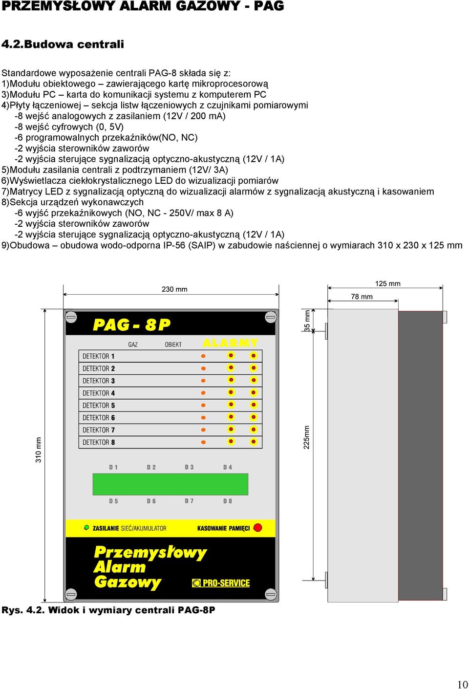 sterowników zaworów -2 wyjścia sterujące sygnalizacją optyczno-akustyczną (12V / 1A) 5)Modułu zasilania centrali z podtrzymaniem (12V/ 3A) 6)Wyświetlacza ciekłokrystalicznego LED do wizualizacji