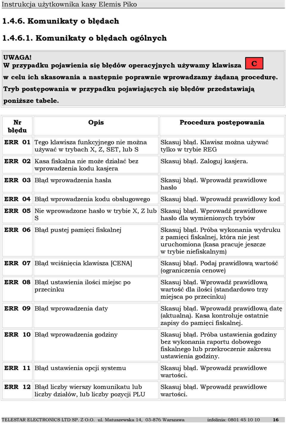 Tryb postępowania w przypadku pojawiających się błędów przedstawiają poniższe tabele.