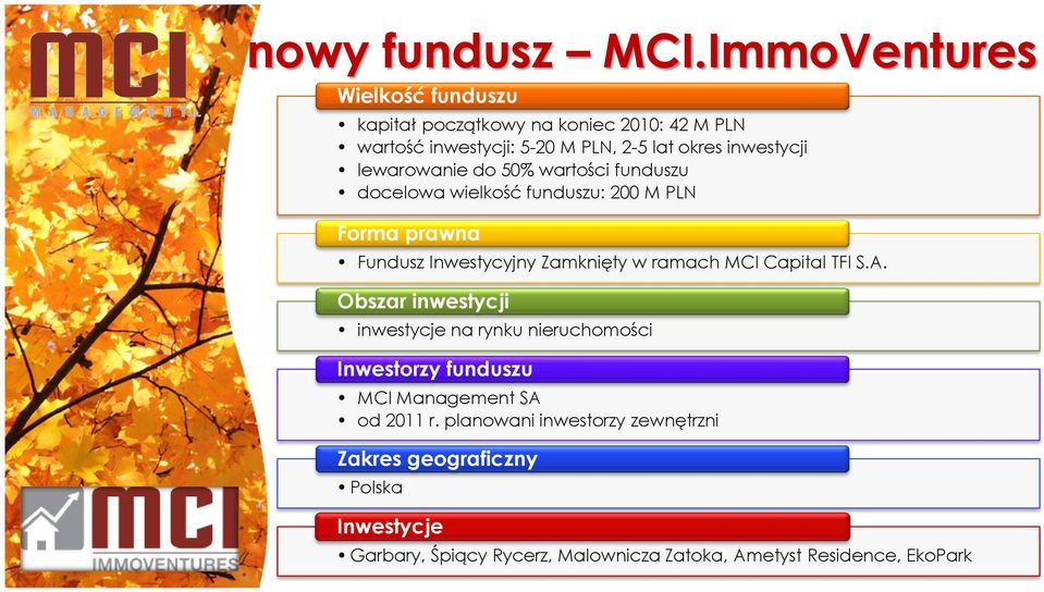 lewarowanie do 50% wartości funduszu docelowa wielkość funduszu: 200 M PLN Forma prawna Fundusz Inwestycyjny Zamknięty w ramach MCI