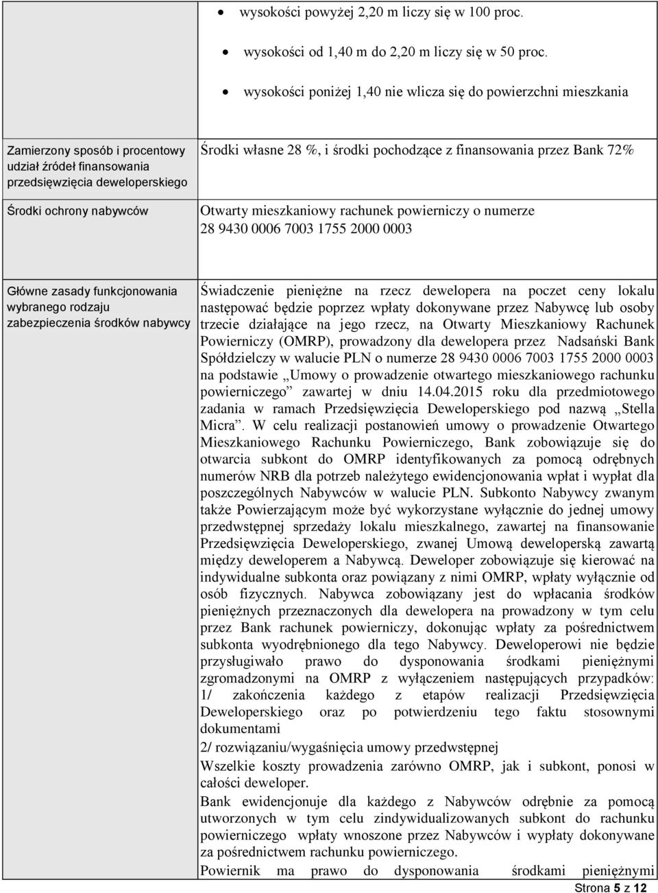 środki pochodzące z finansowania przez Bank 72% Otwarty mieszkaniowy rachunek powierniczy o numerze 28 9430 0006 7003 1755 2000 0003 Główne zasady funkcjonowania wybranego rodzaju zabezpieczenia