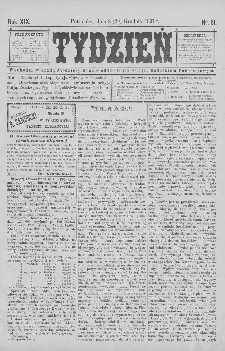 za ogloszenia kilkn hb kilkun8sto~ krotne-po k. 5 ocl wiersza. za reklamy i nekrologi po 10 k. od wierszn. Za ogłoszrmin, re damy i nekrologi na l-ej stronie po kop. 15 od wiersza.