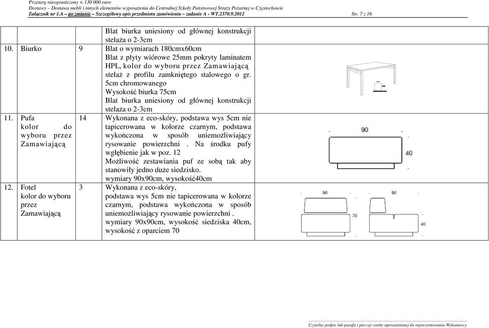 5cm chromowanego Wysokość biurka 75cm Blat biurka uniesiony od głównej konstrukcji stelaŝa o 2-3cm 11. Pufa kolor do 12.